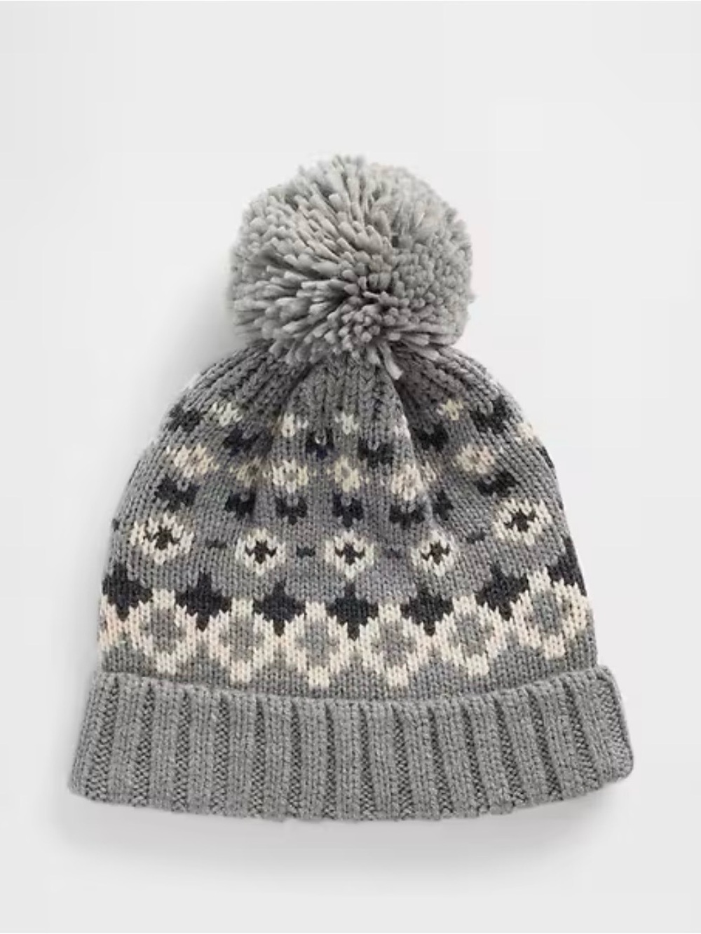 Fair Isle Poof Beanie in Grey fairisle NWT